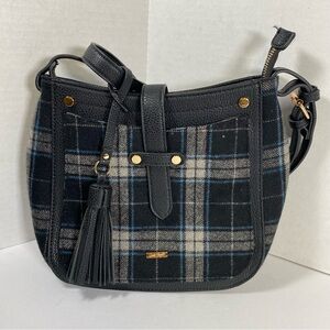 Charlie Paige Crossbody Bag Plaid Black Blue Purse Adjustable Strap With Tassel